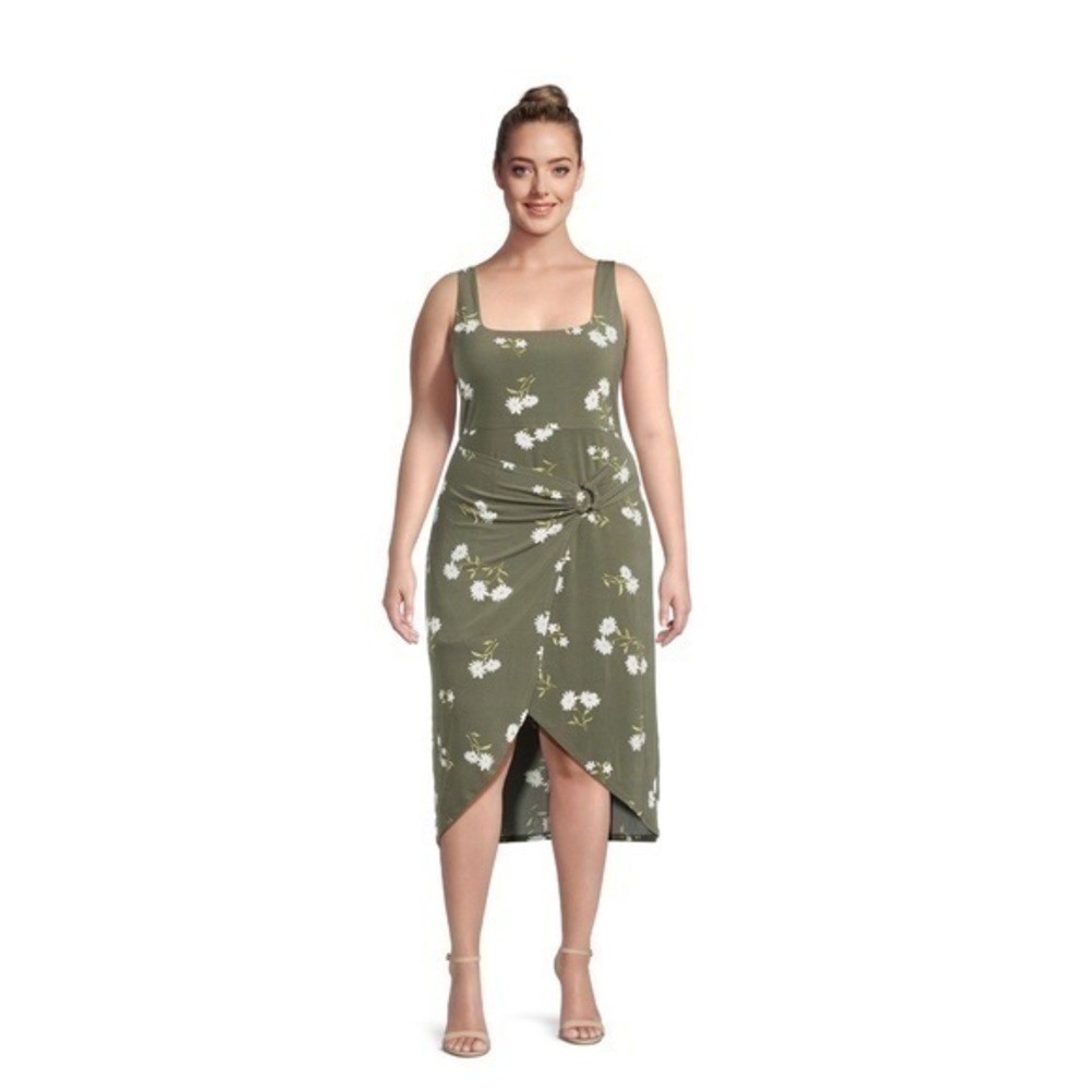 NO BOUNDARIES Juniors Plus Size Sleeveless Midi floral olive green Wrap Dress-2X